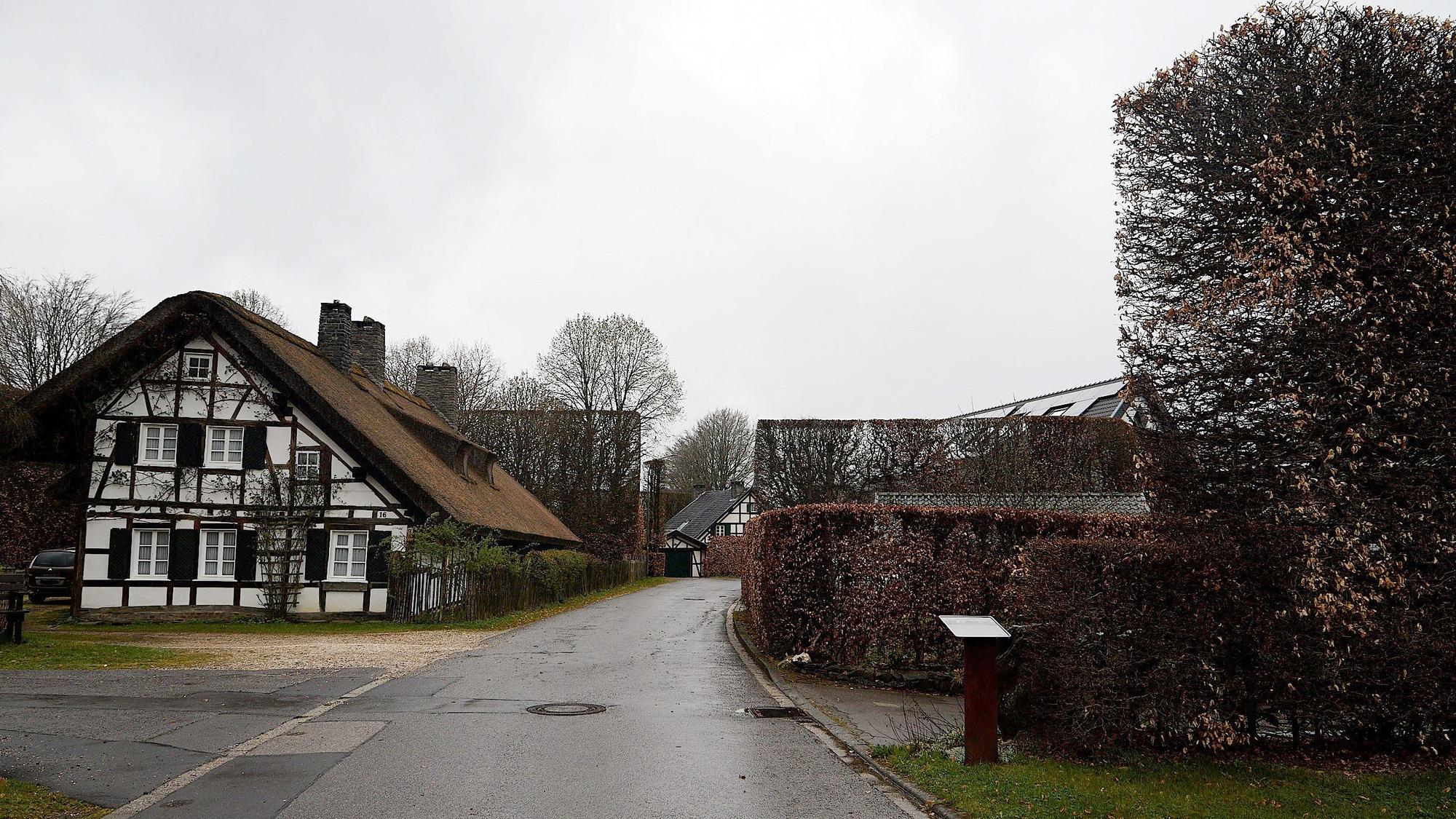 Die Hecken stehen im Umfeld eines Fachwerkhauses.