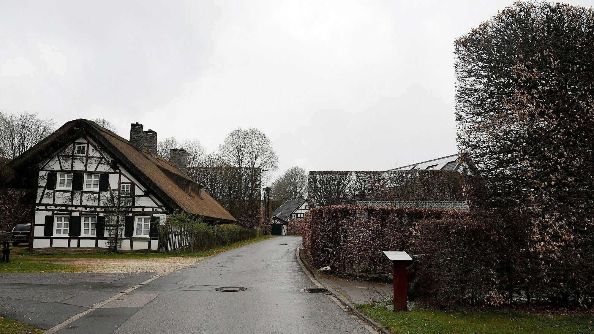 Die Hecken stehen im Umfeld eines Fachwerkhauses.