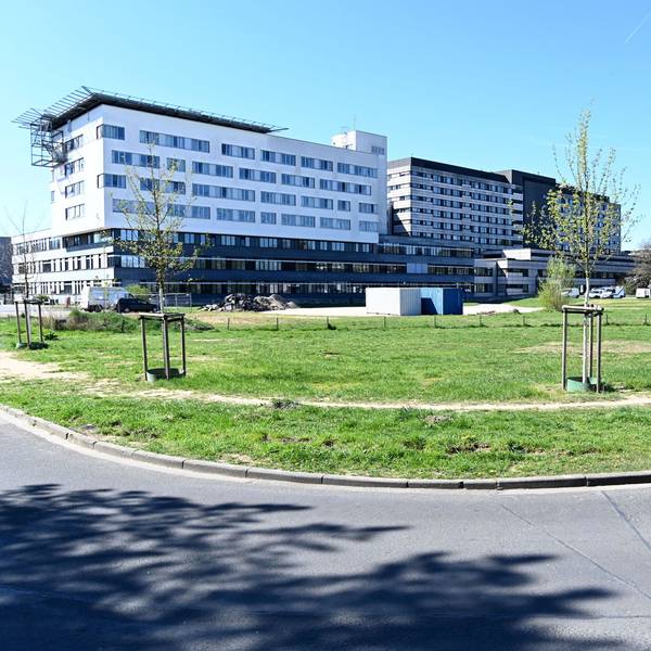 Auf dieser Wiese vor dem Krankenhaus Merheim sollen die neuen Gebäude der Kliniken Köln entstehen – und darunter eine Tiefgarage, die im Notfall schnell in ein Krisenzentrum umgewandelt werden kann.