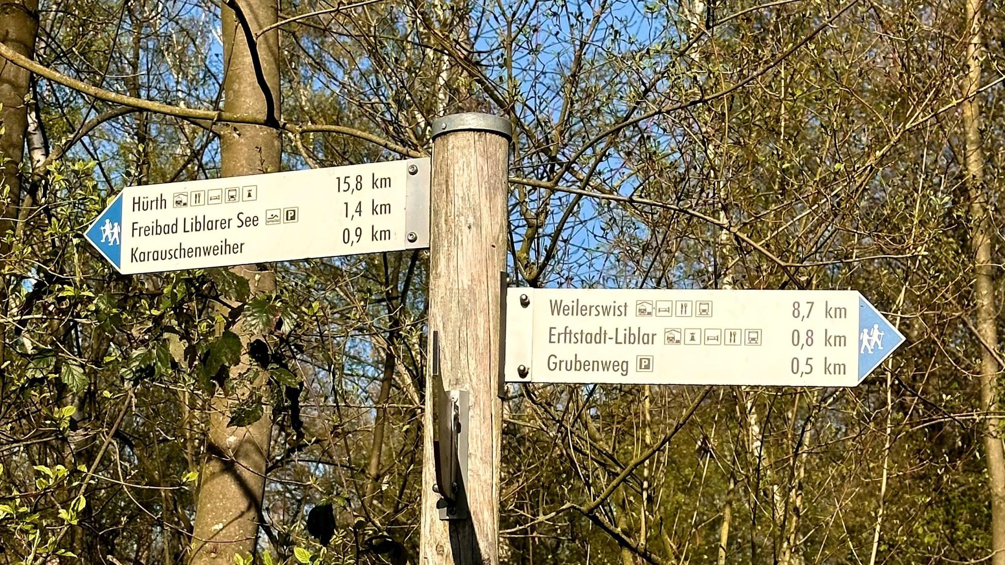 Zu sehen ist ein Schild an einem Waldweg.