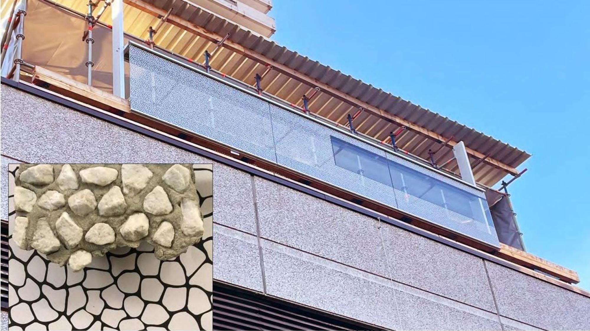 Colonia-Hochhaus: Das kleine Bild stellt das alte und neue Material gegeneinander (links). Rechts der Testbalkon am Hochhaus.