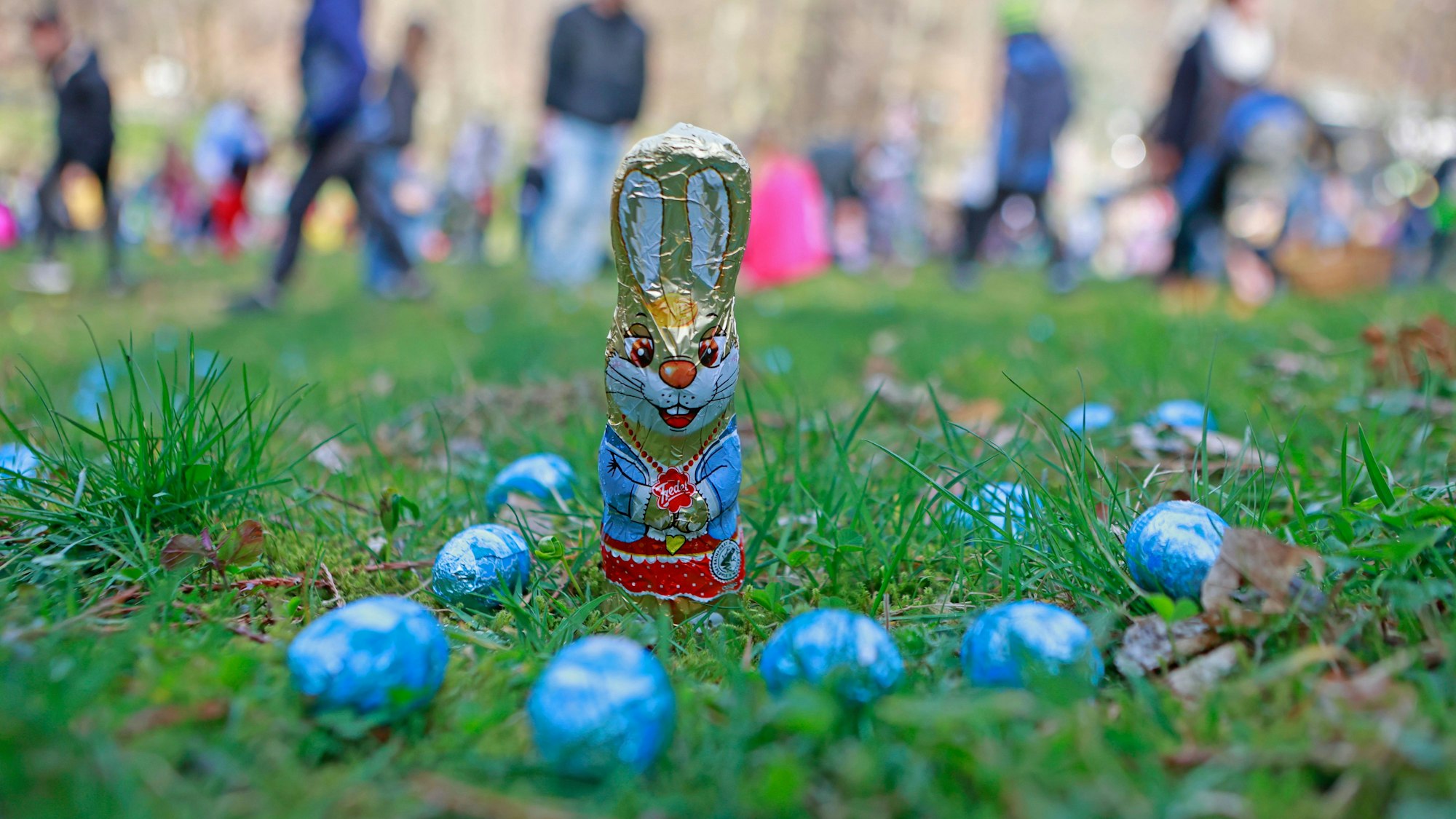 Süssigkeiten zum Osterfest liegen auf einer Wiese im Garten.