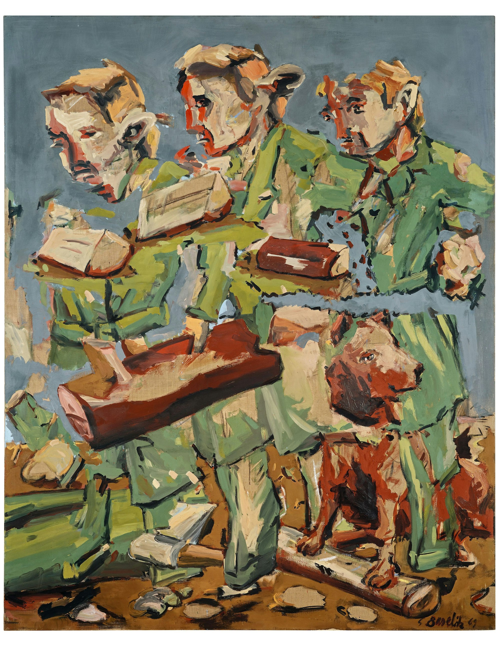 Gemälde von „zersägten“ Waldarbeitern mit Hund