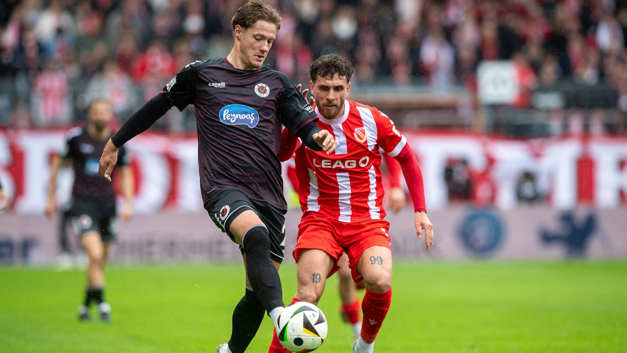 Fussball, Herren, Saison 2024/2025, 3. Liga 34. Spieltag, FC Energie Cottbus - FC Viktoria Köln 1904, v.l. Tobias Eisenhuth Viktoria Köln, Yannik Möker Energie Cottbus, 19.04. 2025, *** Soccer, Men, Season 2024 2025, 3 Liga 34 Matchday , FC Energie Cottbus FC Viktoria Köln 1904, v l Tobias Eisenhuth Viktoria Köln , Yannik Möker Energie Cottbus , 19 04 2025, Copyright: xSebastianxRäppold/MatthiasxKochx