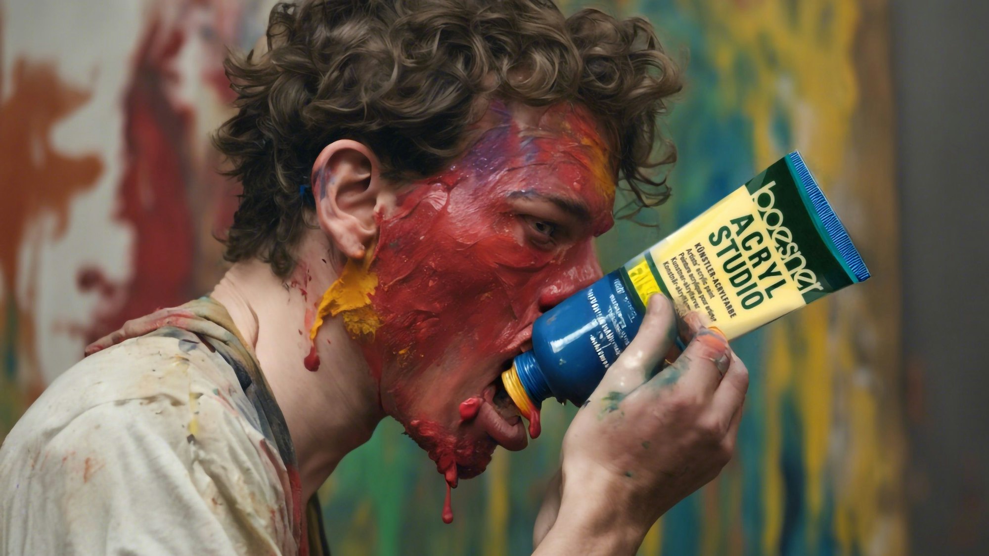 Ein junger Mann isst Farbe aus einer Tube.