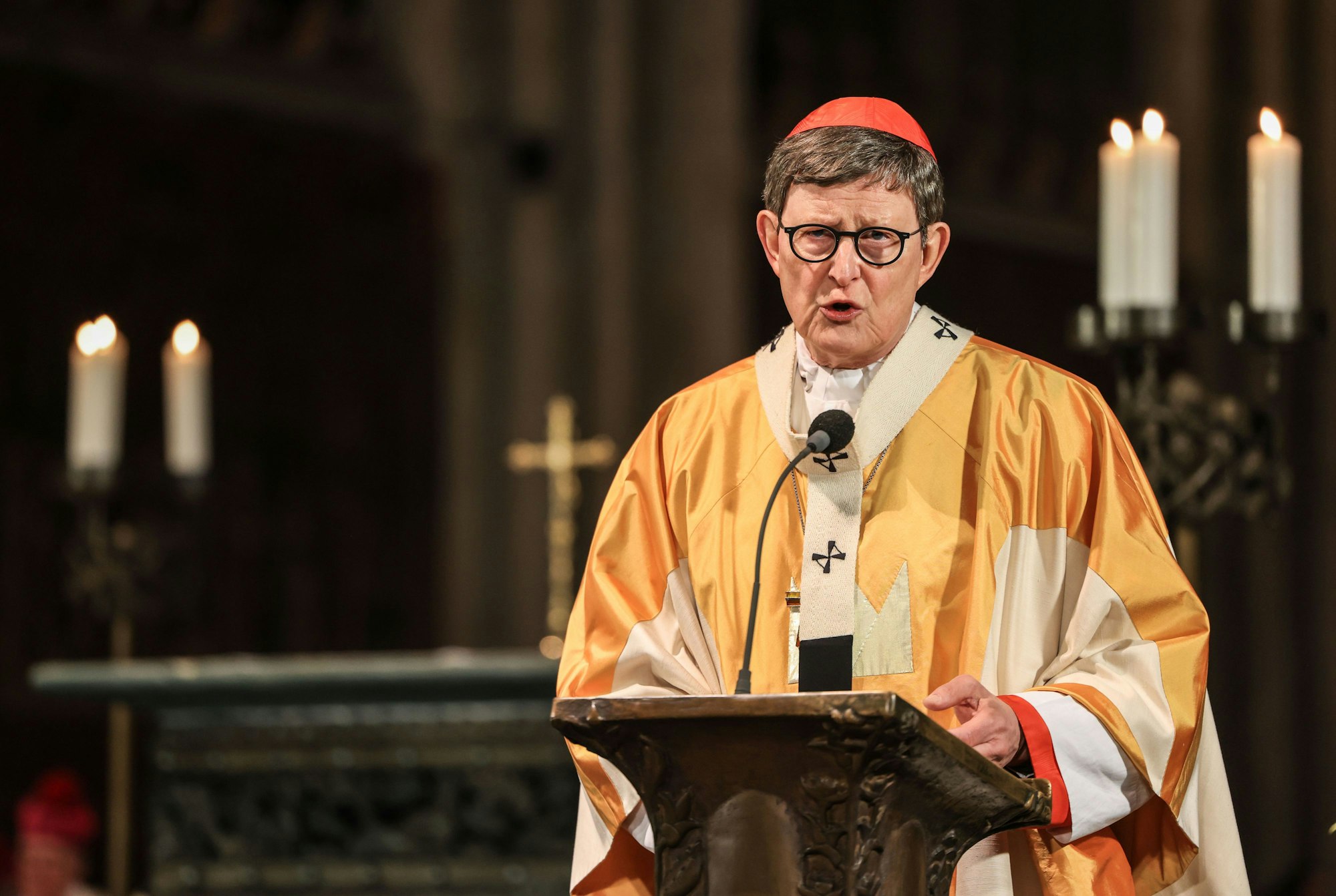 ARCHIV - 06.01.2025, Nordrhein-Westfalen, Köln: Der Kölner Kardinal Rainer Maria Woelki spricht während des Gottesdienstes zur Öffnung des Schreins der Heiligen Drei Könige. Jedes Jahr am 6. Januar wird der Schrein der Heiligen Drei Könige im Kölner Dom geöffnet. (zu dpa: «Woelki würdigt Franziskus als Anwalt der Schwachen») Foto: Oliver Berg/dpa +++ dpa-Bildfunk +++