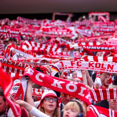 Fans vom FC köln singen die Hymne und halten Schals in die Höhe.