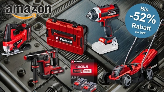 Verschiedene Werkzeuge der Marke Einhell, darunter ein Akkuschrauber, eine Stichsäge, ein Bohrhammer, ein Rasenmäher und ein Akkuset, präsentiert auf einem metallischen Hintergrund.