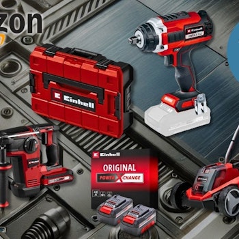Verschiedene Werkzeuge der Marke Einhell, darunter ein Akkuschrauber, eine Stichsäge, ein Bohrhammer, ein Rasenmäher und ein Akkuset, präsentiert auf einem metallischen Hintergrund.