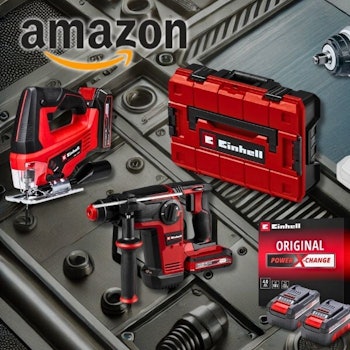 Verschiedene Werkzeuge der Marke Einhell, darunter ein Akkuschrauber, eine Stichsäge, ein Bohrhammer, ein Rasenmäher und ein Akkuset, präsentiert auf einem metallischen Hintergrund.