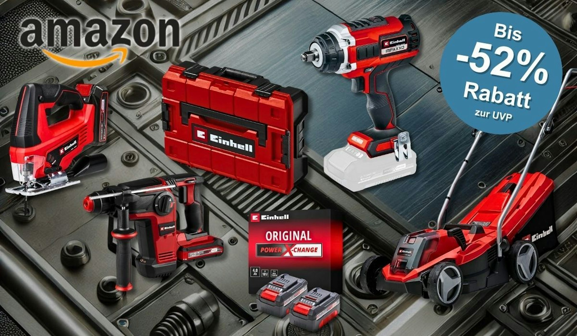 Verschiedene Werkzeuge der Marke Einhell, darunter ein Akkuschrauber, eine Stichsäge, ein Bohrhammer, ein Rasenmäher und ein Akkuset, präsentiert auf einem metallischen Hintergrund.