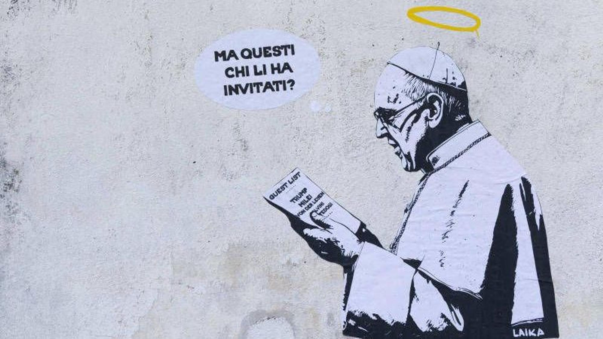 Rome, Mural entitled The Guests created by the street artist Laika The new mural created in via Piccolomini in Rome by street artist Laika Ma questi chi li ha invita about Pope Francis reading the list of guests at his funeral. Rome Italy / Rome Italy PUBLICATIONxNOTxINxFRAxUK Copyright: xIPA/ABACAx