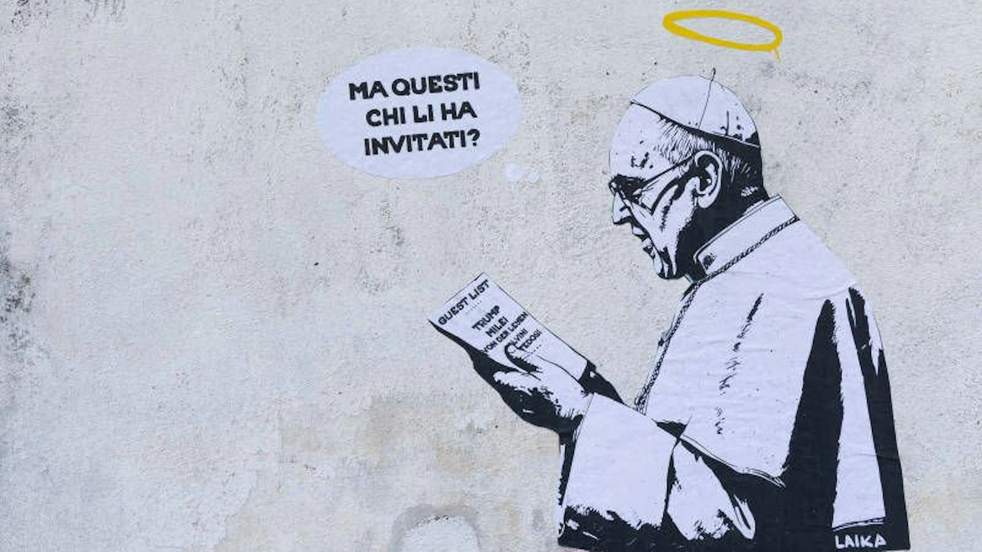 Rome, Mural entitled The Guests created by the street artist Laika The new mural created in via Piccolomini in Rome by street artist Laika Ma questi chi li ha invita about Pope Francis reading the list of guests at his funeral. Rome Italy / Rome Italy PUBLICATIONxNOTxINxFRAxUK Copyright: xIPA/ABACAx
