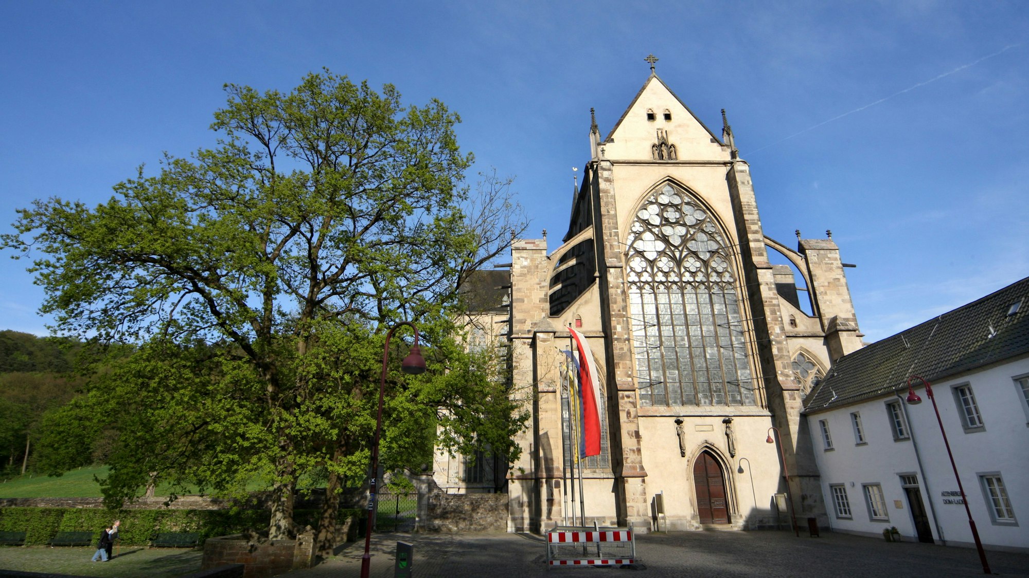 Neben dem Altenberger Dom steht ein Baum, über Baum, Dom und Haus Altenberg ist blauer Himmel zu sehen.