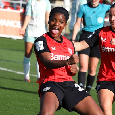 16.03.2025, xsscx, Frauen Fußball, Bayer 04 Leverkusen - SV Werder Bremen, 1. Fußball Bundesliga, Ulrich-Haberland-Stadion, Saison 2024 2025: Delice Boboy Bayer 04 Leverkusen 23 mit Estrella Merino Gonzalez Bayer 04 Leverkusen 20 jubelnd nach dem Tor DFB regulations prohibit any use of photographs as image sequences and or quasi-video. Nordrhein-Westfalen Deutschland *** 16 03 2025, xsscx, women soccer, Bayer 04 Leverkusen SV Werder Bremen, 1 Fußball Bundesliga, Ulrich Haberland Stadion, Saison 2024 2025 Delice Boboy Bayer 04 Leverkusen 23 with Estrella Merino Gonzalez Bayer 04 Leverkusen 20 cheering after the goal DFB regulations prohibit any use of photographs as image sequences and or quasi video Nordrhein Westfalen Germany