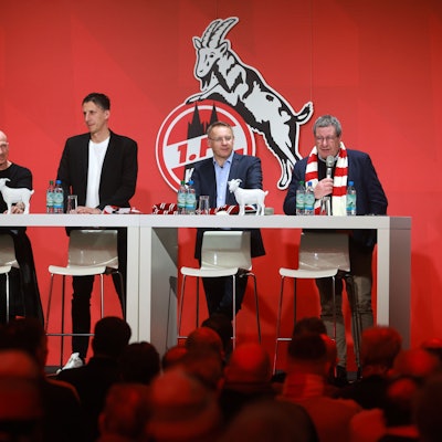 1. FC Köln, MMC-Studios, Mitgliederstammtisch, von links: Gerhard Struber, Christian Keller, Eckhard Sauren, Werner Wolf (1. FC Köln), 15.01.2025, Bild: Herbert Bucco
