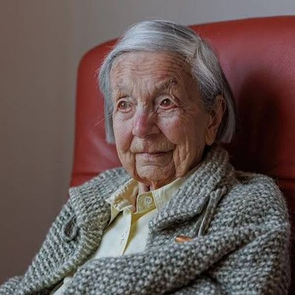 Eva Doering sitzt in der Nahaufnahme ihres Gesichts und Schulterbereichs auf einem roten Sessel.