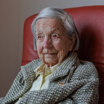 Eva Doering sitzt in der Nahaufnahme ihres Gesichts und Schulterbereichs auf einem roten Sessel.