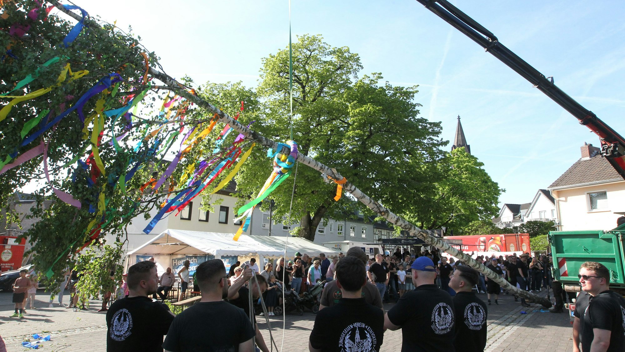 Der Junggesellenverein Bergheim hat traditionell am Vorabend des 1. Mai auf dem Paul Schürmann-Platz den rund 22 Meter hohen Maibaum aufgestellt.