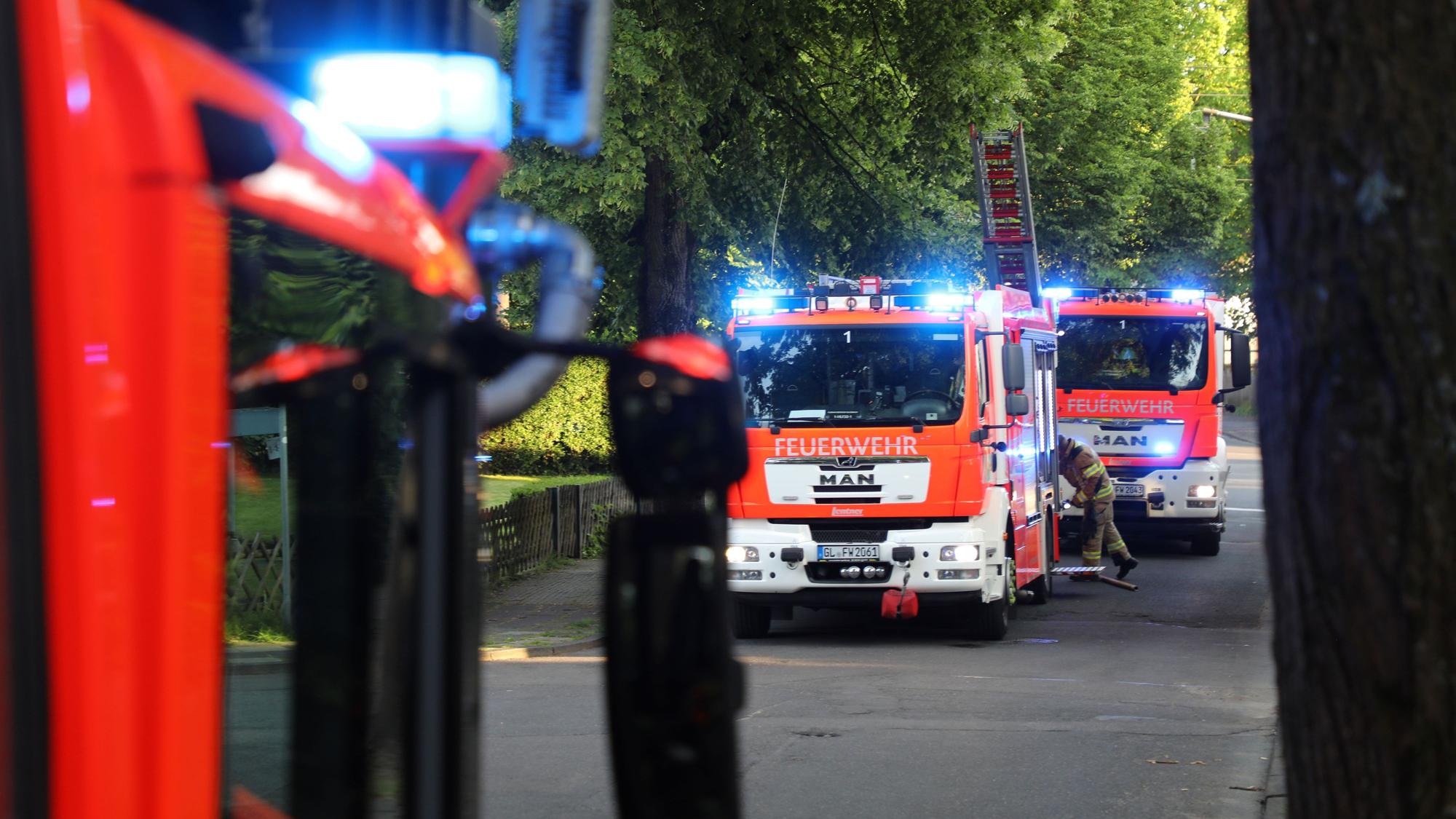 Feuerwehrautos stehen in einer Wohnstraße mit Alleebäumen.