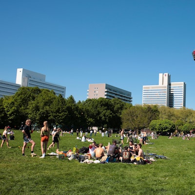 Der Grüngürtel mit jungen Besuchenden, die sich in Gruppen zusammengesetzt haben. Mit dem Apéro Markt soll so dort eine Alternative zum Brüsseler Platz geboten werden.