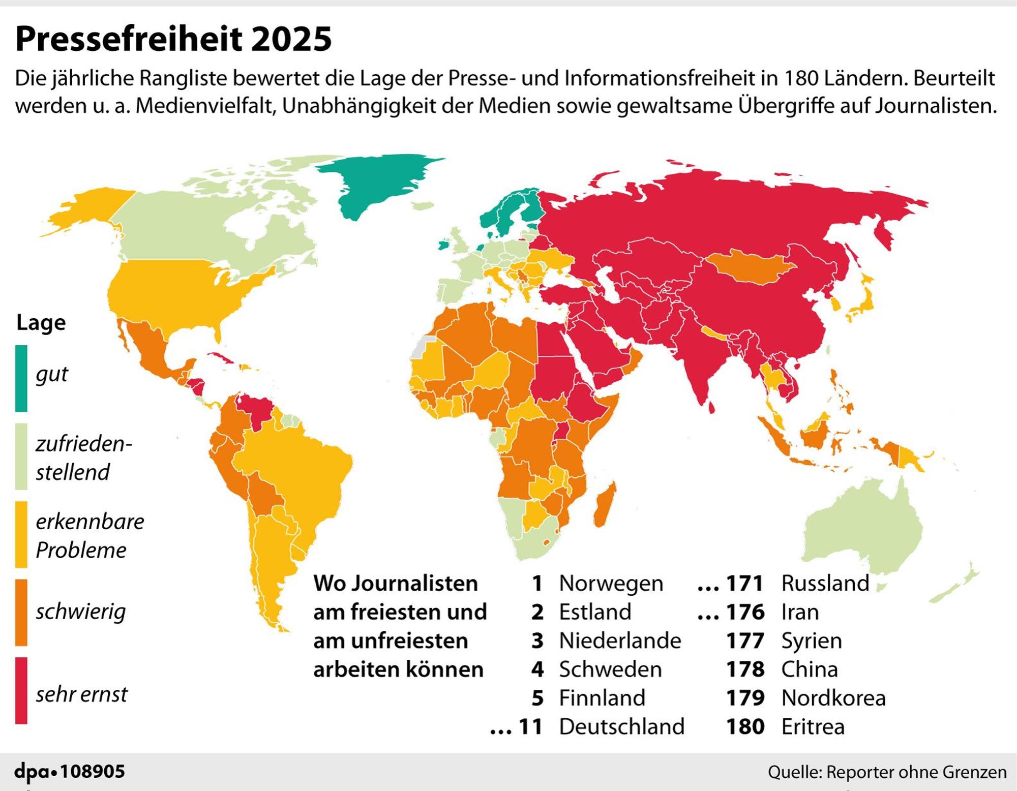 Die Grafik veranschaulicht die Lage der Presse- und Informationsfreiheit in 180 Ländern.