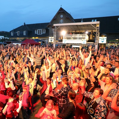 Vor einer tanzenden Menschenmenge tritt ein Sänger unter freiem Himmel auf.