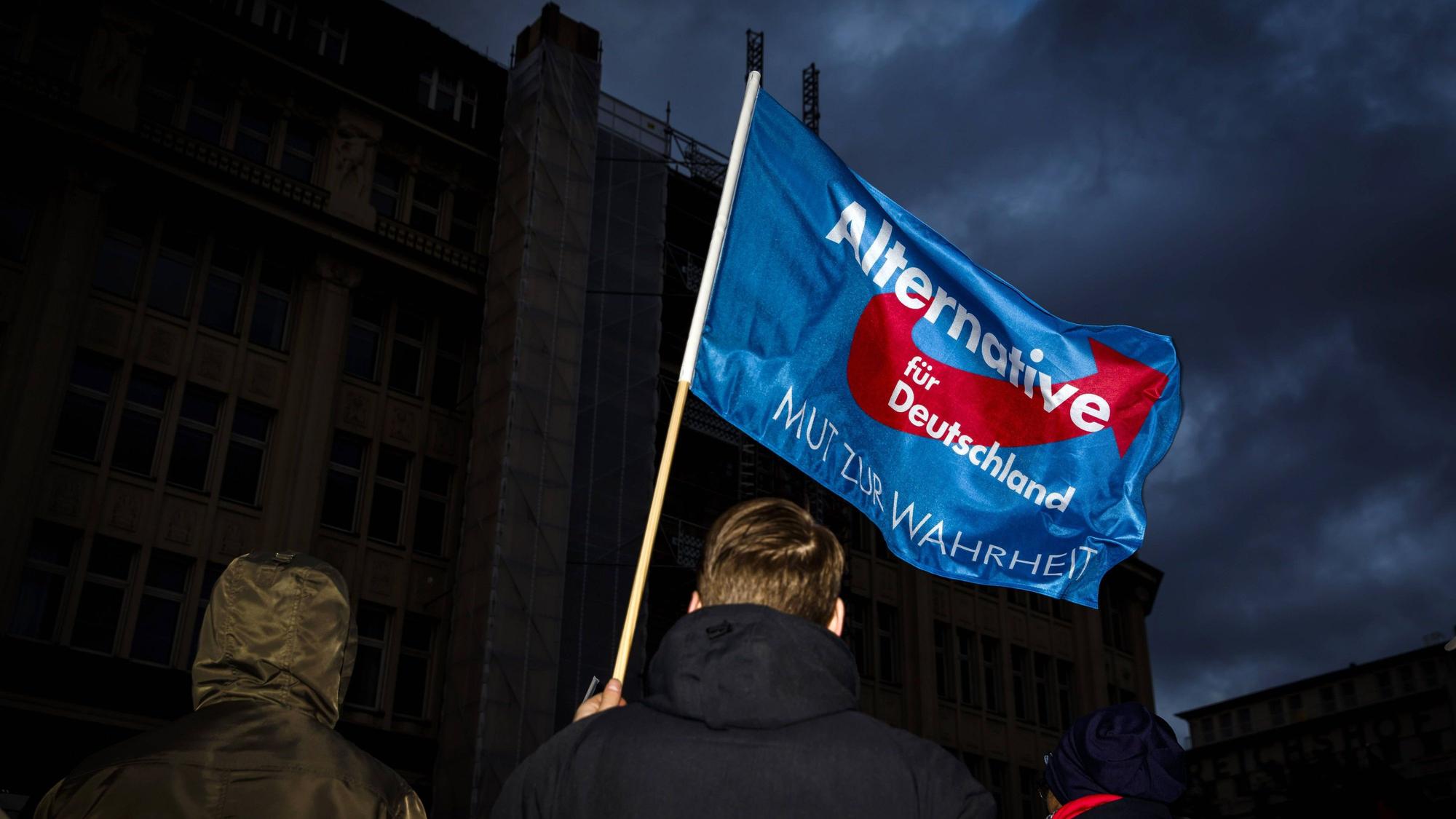 Ein Teilnehmer einer Demonstration der Partei AfD schwenkt eine Fahne