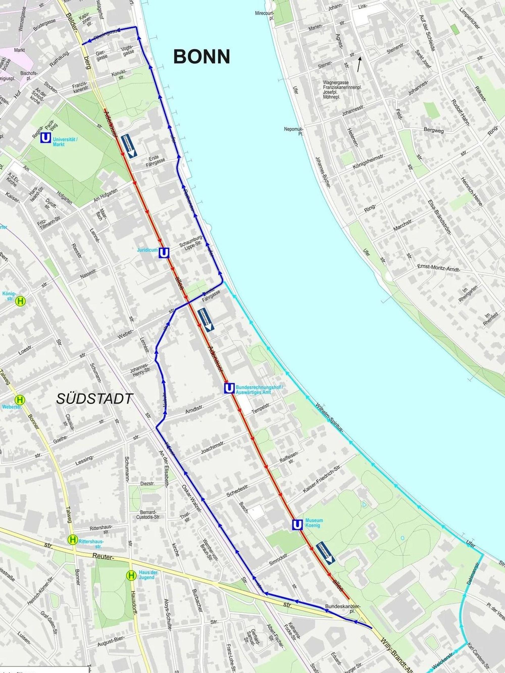 Die Umleitung Richtung Bonn Innenstadt ist blau markiert.