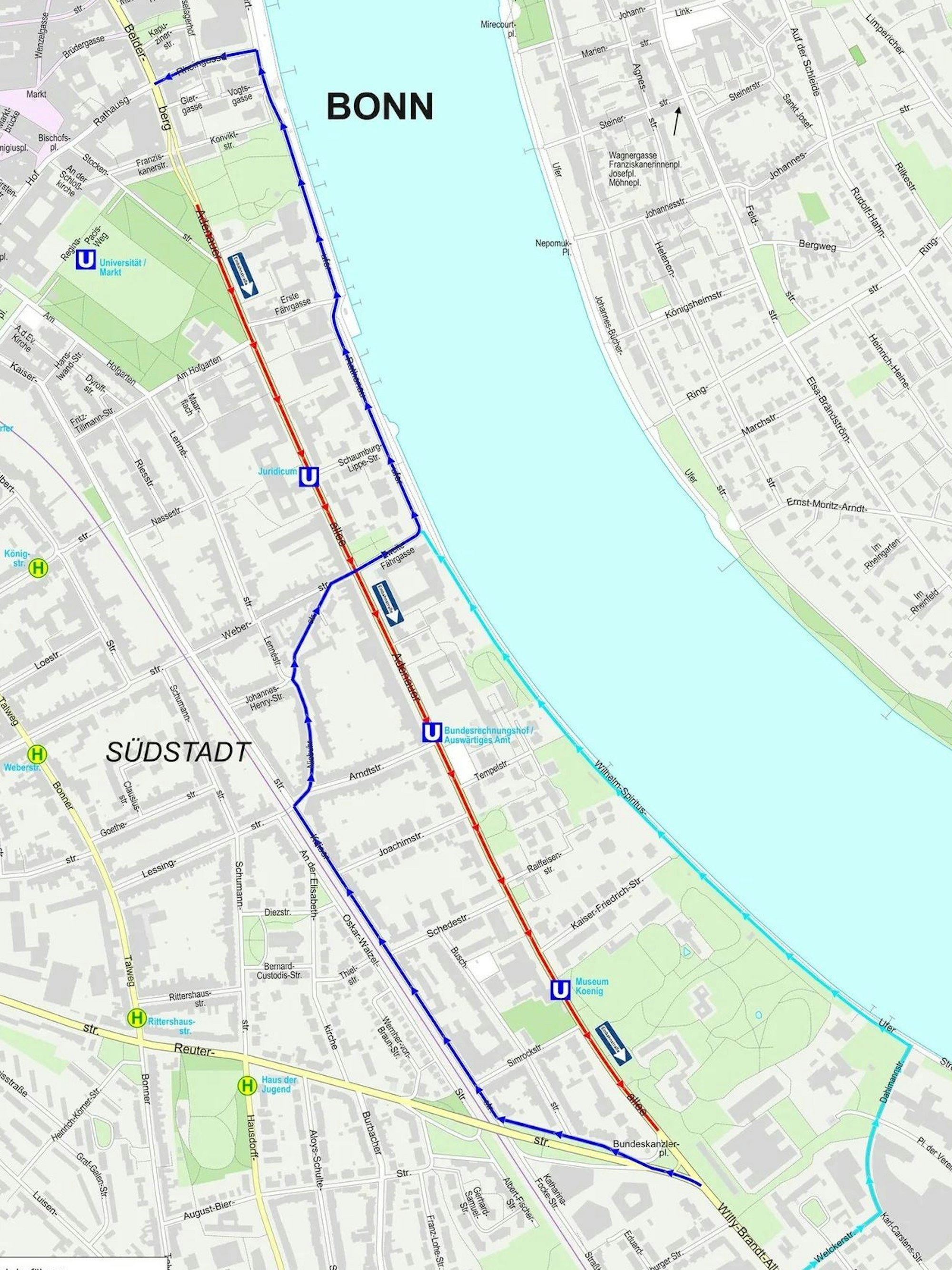 Die Umleitung Richtung Bonn Innenstadt ist blau markiert.
