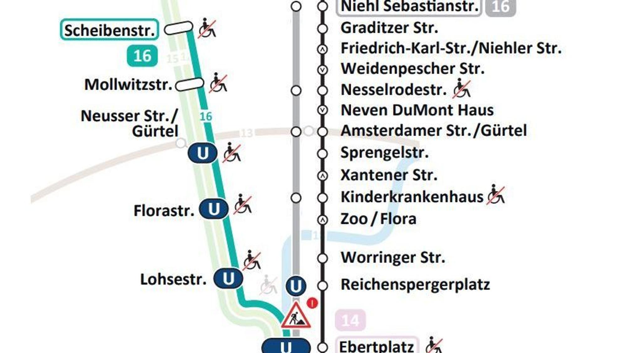 Der Streckenabschnitt zwischen den Haltestellen Ebertplatz und Niehl Sebastianstraße wird bis zum 26. Mai 2025 nicht befahren.