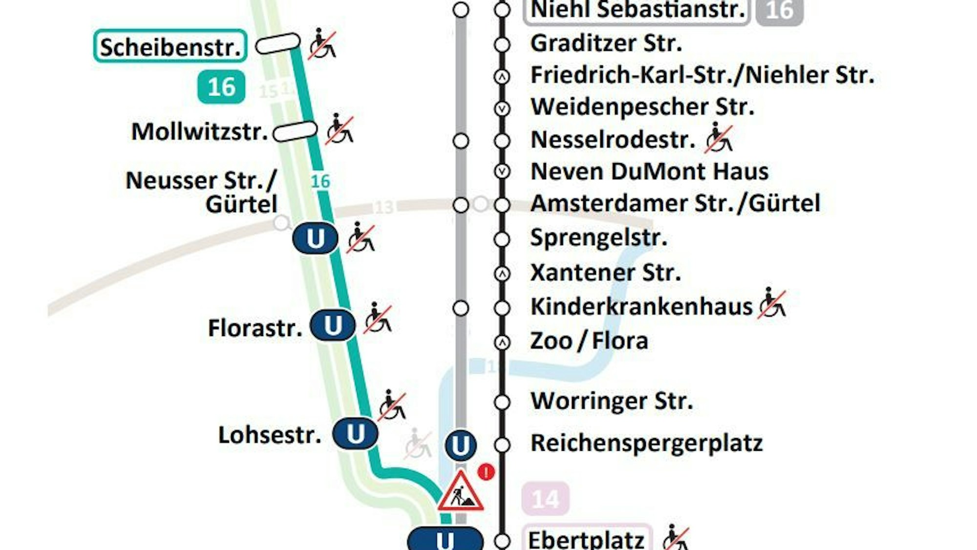 Der Streckenabschnitt zwischen den Haltestellen Ebertplatz und Niehl Sebastianstraße wird bis zum 26. Mai 2025 nicht befahren.