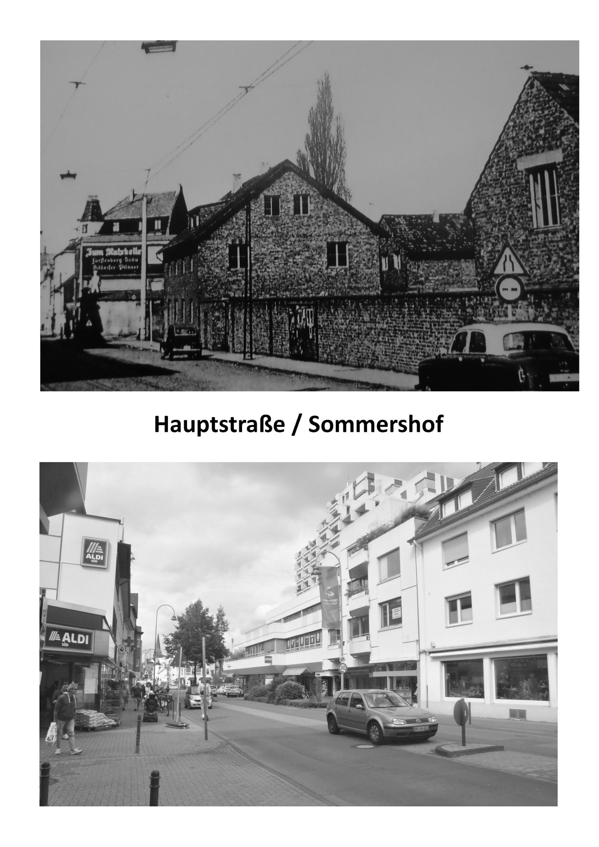 Zwei Schwarz-weiß-Fotos zeigen die gleiche Ansicht der Hauptstraße in Rodenkirchen im Abstand von 50 Jahren.