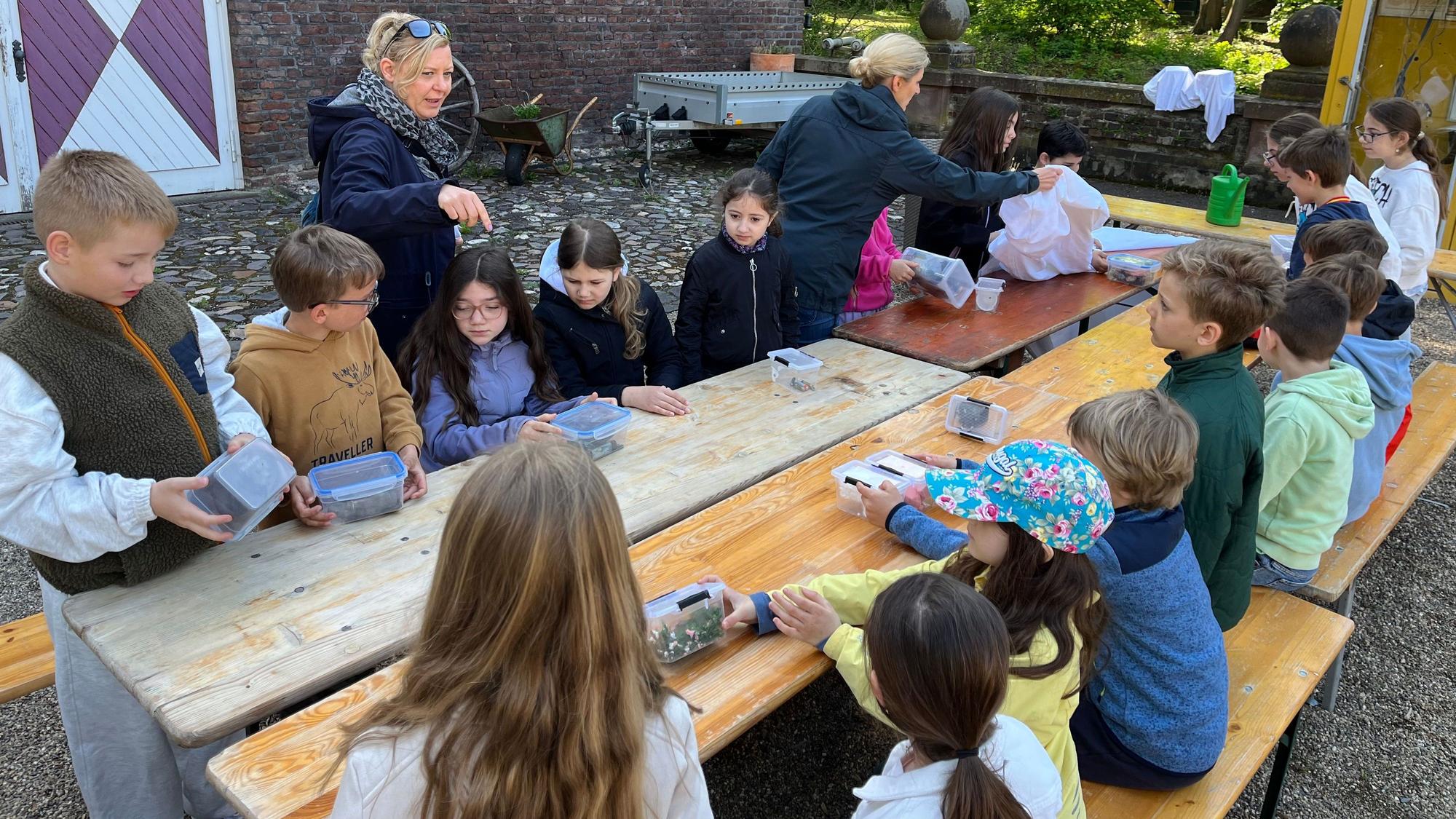 Die Kinder begutachten Müll-Fundstücken aus dem Schlosspark und sollen so lernen, welchen Schaden liegen gebliebener Abfall der Umwelt zufügt.