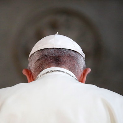 Papst Franziskus ist von hinten zu sehen.