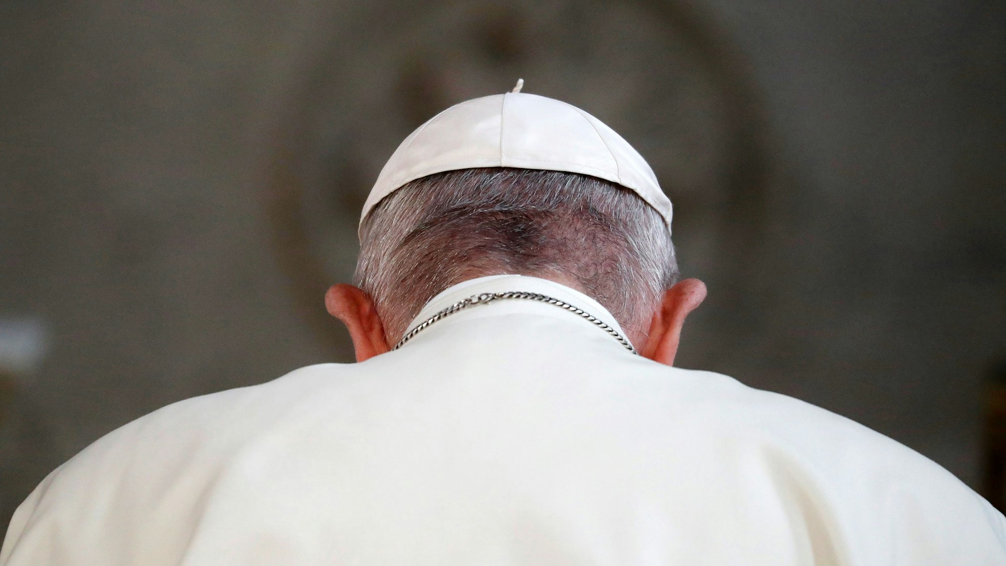 Papst Franziskus ist von hinten zu sehen.