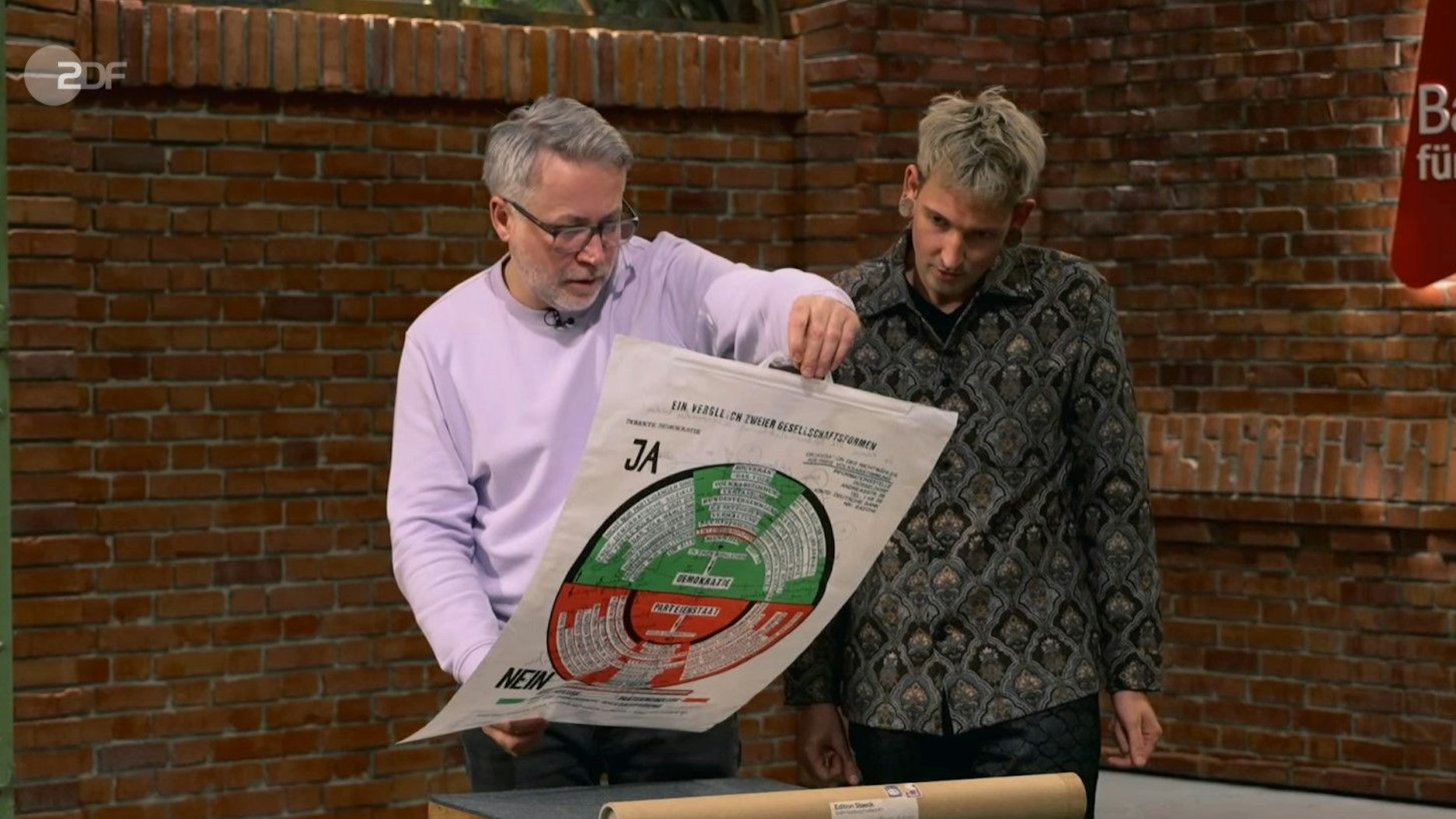 Jan Cizek (l.) und Fabian Kahl inspizieren die Plastiktüte bei „Bares für Rares“.