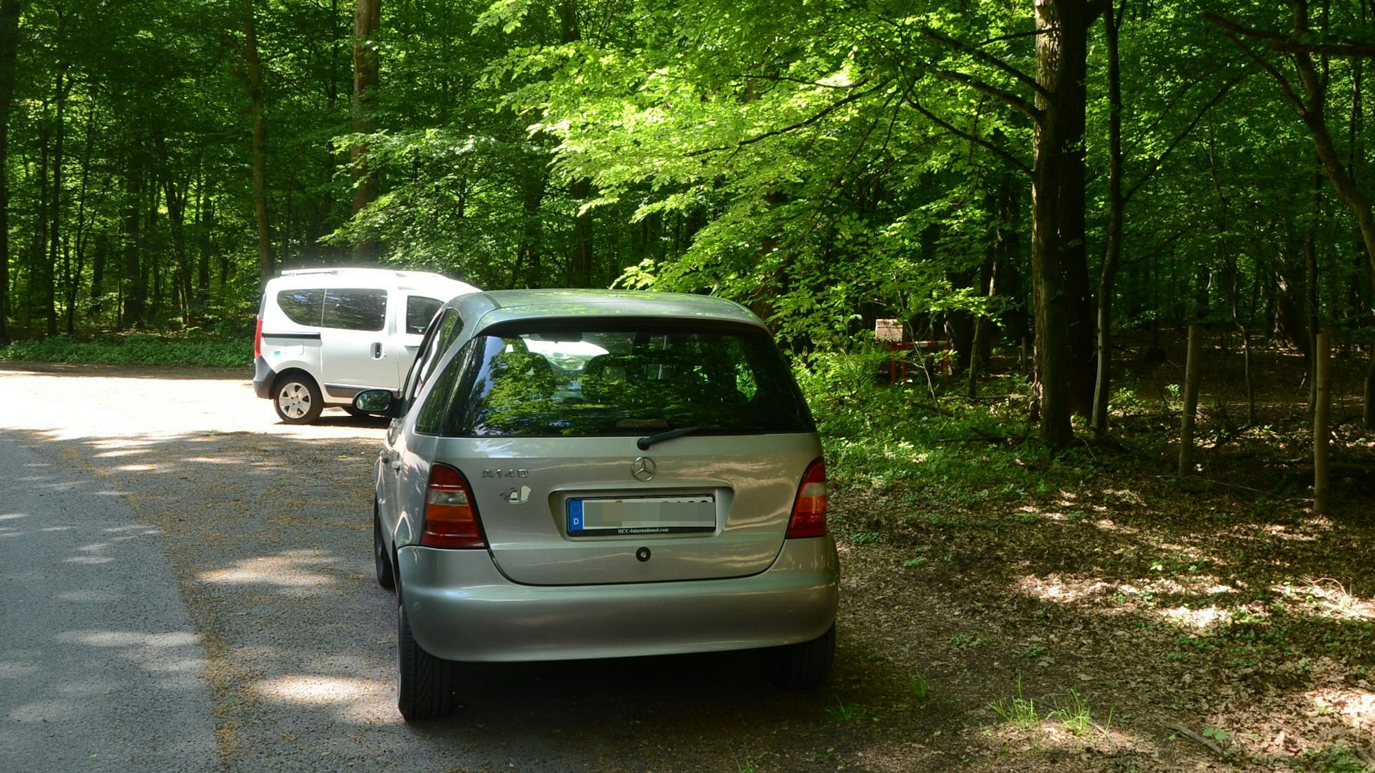 Zwei Autos parken am Rand einer Straße im Wald.