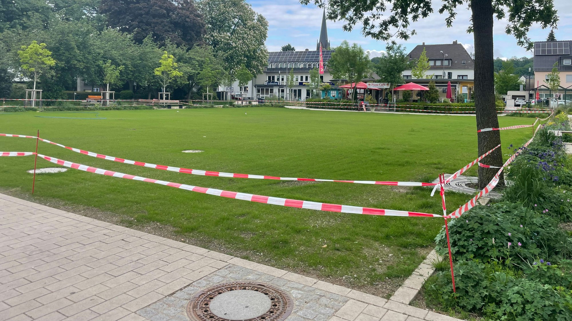 Der Rasen auf der Veranstaltungsfläche im Alten Stadtpark in Leichlingen wächst wieder.