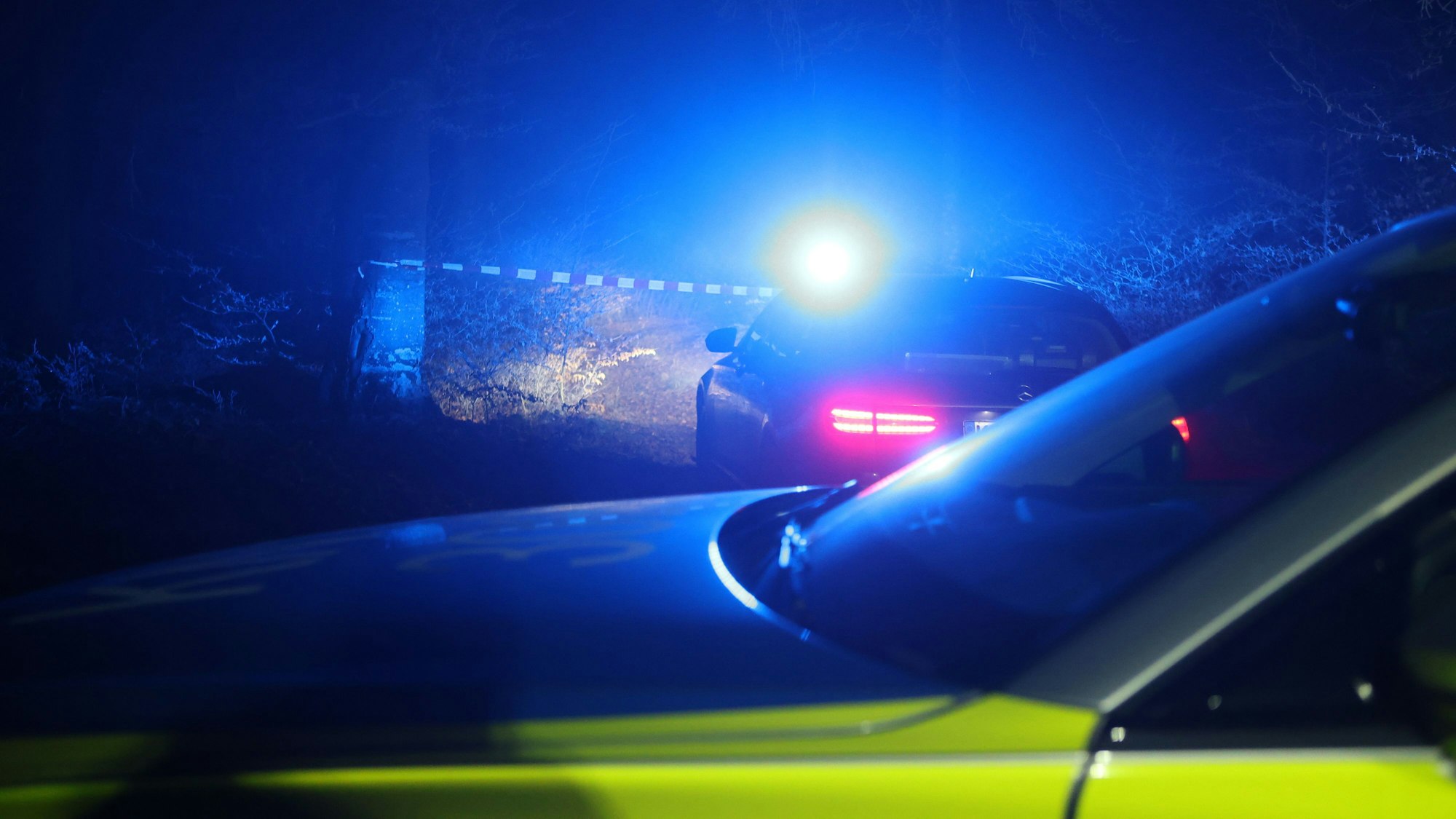 Einsatzfahrzeuge der Polizei bei einem Einsatz an einem Waldstück (Symbolfoto).