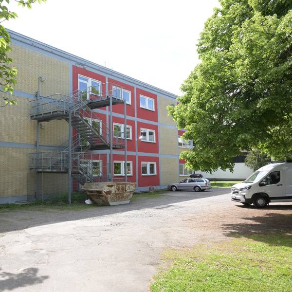 zwischen Bäumen und parkenden Autos ist die Gemeinschaftsgrundschule Bergisch Gladbach-Gronau zu sehen.