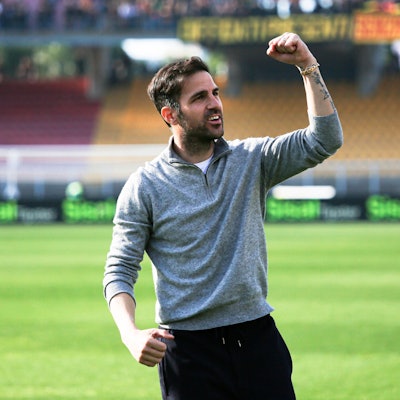 Cesc Fabregas head coach of Como 1907 celebrates the victory in the match between US Lecce and Como 1907 at Ettore Giardiniero - Via del Mare stadium in Lecce Italy, Apr 19th, 2024. massimilianoxcarnabuci