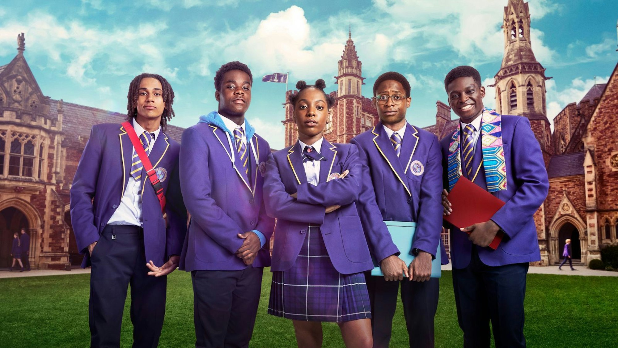 Toby (Sekou Diaby, von links), Jaheim (Josh Tedeku), Leah (Jodie Campbell), Omar (Myles Kamwendo) und Femi (Aruna Jalloh) wagen den Sprung ins Ungewisse. Wie wird es ihnen auf der Eliteschule ergehen? (Bild: ZDF/ Studio Lambert & All3Media International)