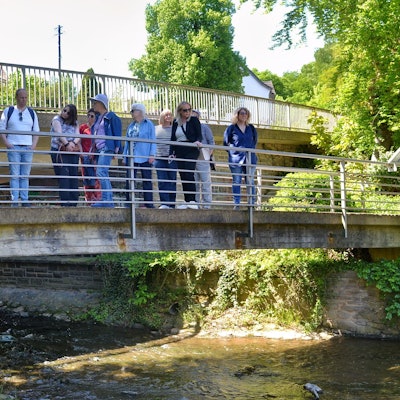 Eine Gruppe von Personen steht auf einer Brücke über die Erft in Bad Münstereifel.