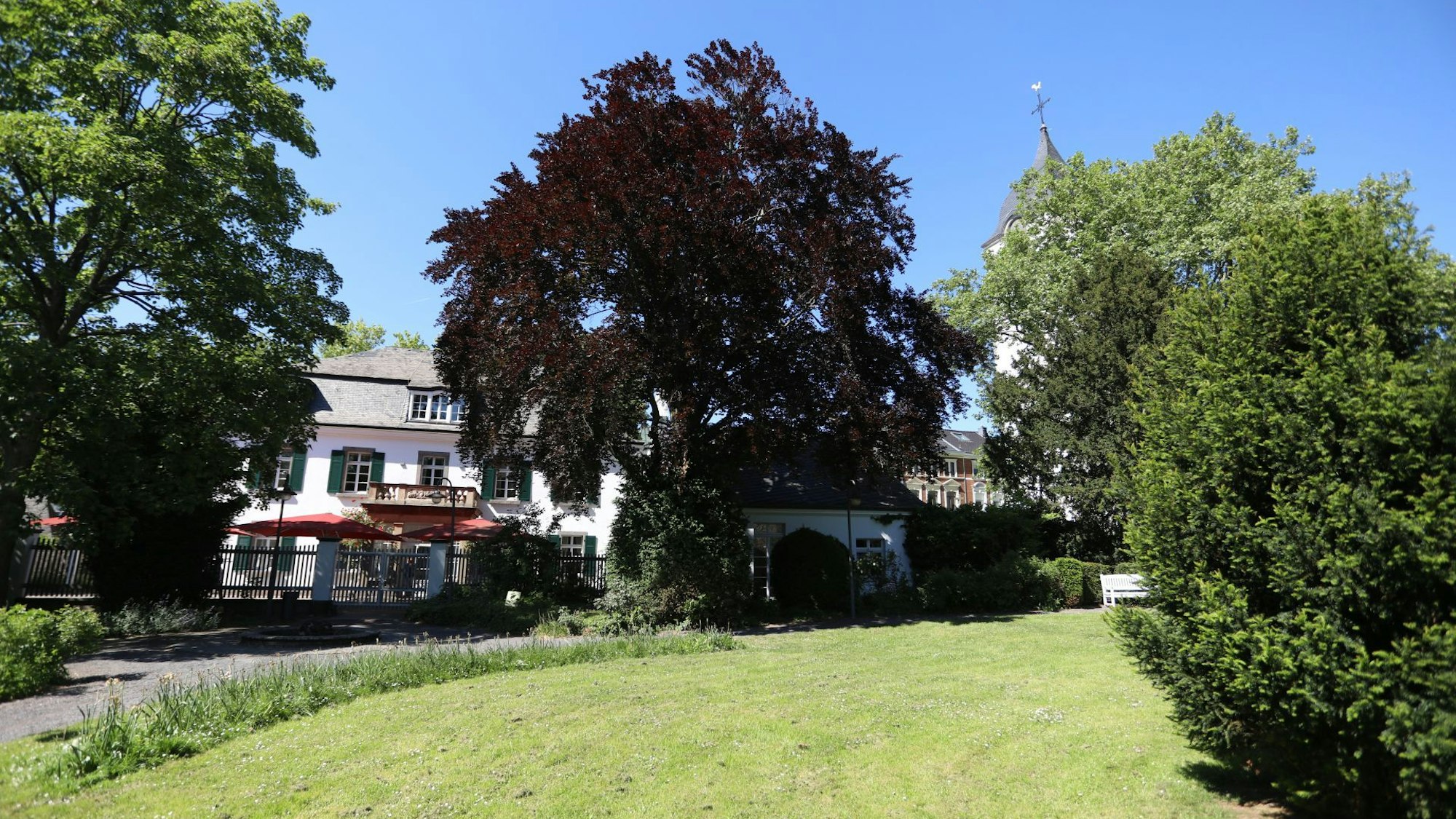 Ein Park, im Hintergrund ein altes Gebäude.