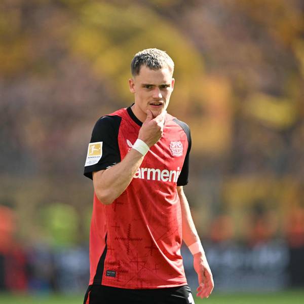 Bayer Leverkusen's German midfielder #10 Florian Wirtz reacts during the German first division Bundesliga football match between Bayer 04 Leverkusen and Borussia Dortmund in Leverkusen, western Germany, on May 11, 2025. (Photo by INA FASSBENDER / AFP) / DFL REGULATIONS PROHIBIT ANY USE OF PHOTOGRAPHS AS IMAGE SEQUENCES AND/OR QUASI-VIDEO