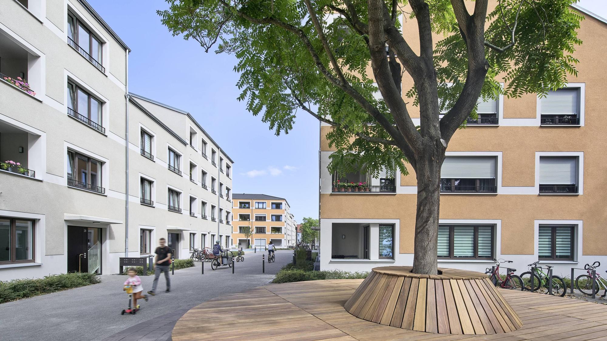 Moderne vierstöckige Gebäude sind von einem fußläufigen Weg durchzogen, im Vordergrund ist ein von einer großen Sitzfläche umgebener Baum zu sehen.