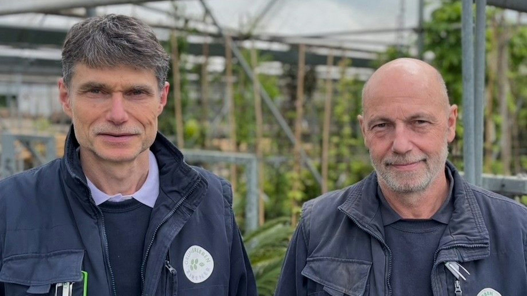 Auf dem Bild sind zwei Männer in Arbeitskleidung, Frank und Ralf Zirener, vor fast leer geräumten Gewächshäusern zu sehen.