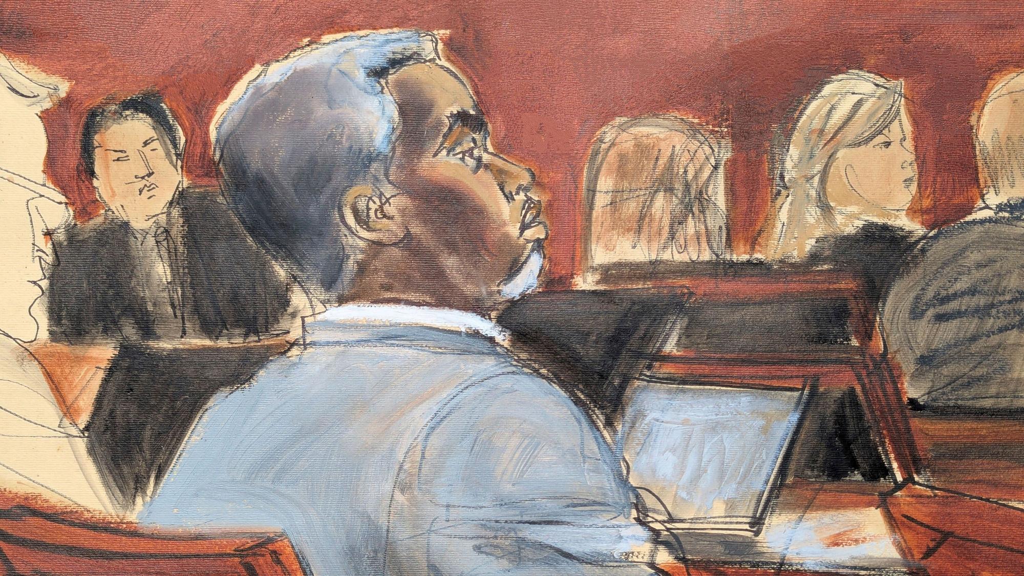 Die Gerichtszeichnung zeigt Sean „Diddy“ Combs, der den Eröffnungsplädoyers am ersten Verhandlungstag vor dem Bundesgericht in Manhattan zuhört.