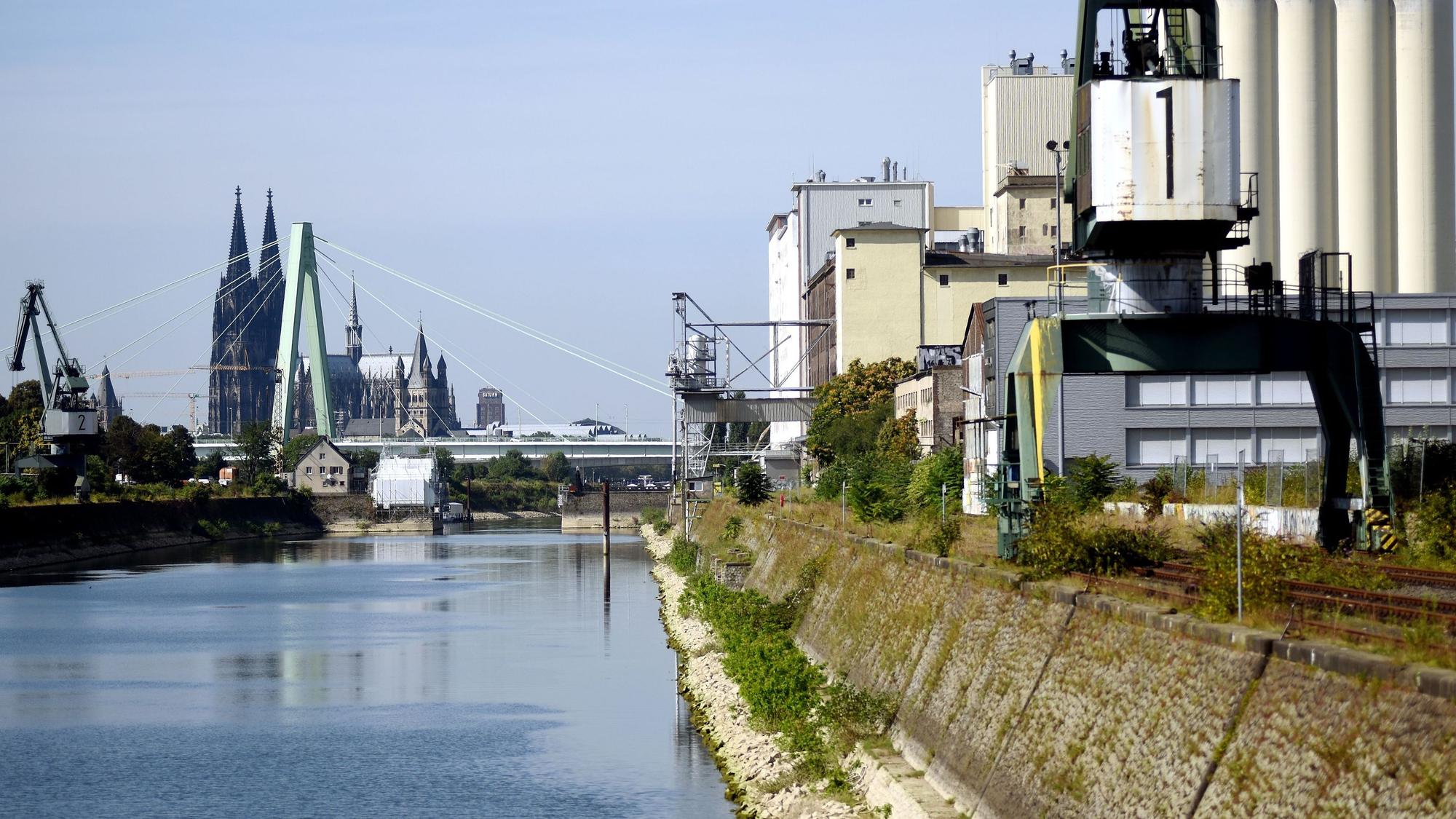Zu sehen ist der Deutzer Hafen. Im Hintergrund zu sehen sind die Severinsbrücke und der Kölner Dom.